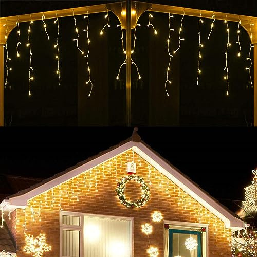 100LED 3M eisregen lichterkette, 31V Niederspannungslichterketten Fenstervorhang Traufe Eiszapfenleuchten für Hochzeitsfeier Hausgarten Schlafzimmer Außen Innen Wanddekorationen (Warmweiß)