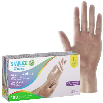 Bericah Smilex,Skin Vinil, Guanti in Vinile, Senza Polvere, Taglia L,100 Pezzi