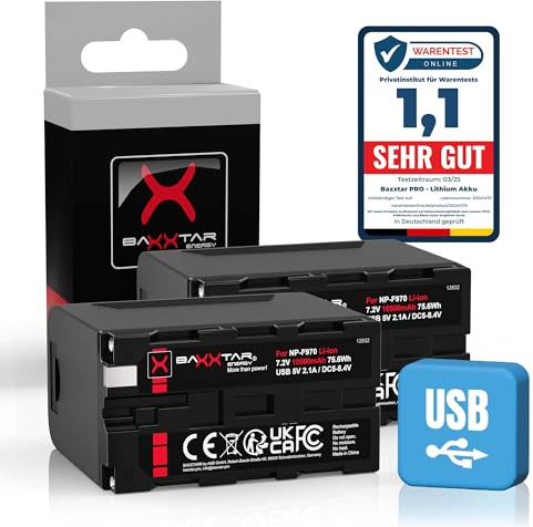 Baxxtar PRO 2X NP-F970 Plus Akku 10500mAh – Ersatz für Sony NP-F970, NP-F980, NP-F990, NP-F960 – LG Zellen, USB- und DC-Ausgang, Powerbank-Funktion, 4-LED Check – Dauerstrom für Videolicht und Monitor