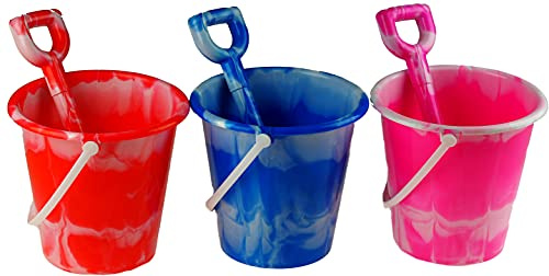 Set Of 3 Round Marble Bucket And Spade - Pink Blue Red