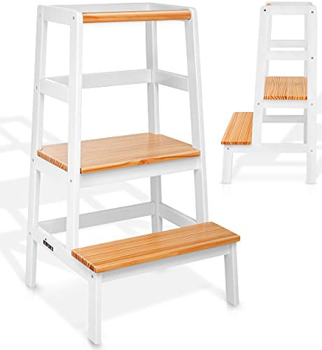 KIDUKU® Lernturm aus Holz | Kinder-Schemel für Kinder ab dem Stehalter | Lerntower für höchste Sicherheit | Learning Tower für Mädchen & Jungen (Weiß / Holz-Natur)