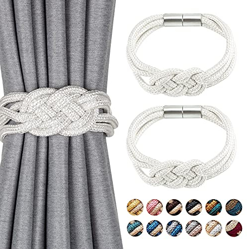 Pretty Jolly 2 Stück Starke Magnetische Raffhalter für Vorhänge, Dekorative Vorhang-Raffhalter, Handgewebtes Seil, Knoten-Vorhanghalter für Zuhause und Büro, Fenstervorhänge (Weiß)