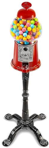 The Candery Gumball Machine - 15 Inch Candy Dispenser with Stand Durable Aluminum Frame- Heavy Duty Red Metal with Large Bowl - Easy Twist-Off Refill - Free or Coin Operated