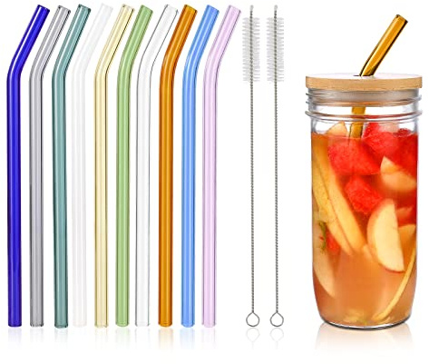 10 Pcs Reusable Bent Glass Drinking Straws,9''x10 mm Colorful Glass Straws for Beverages, Shakes, Milk Tea, Juices,Set of 10 Bent with 2 Cleaning Brushes -Shatter Resistant