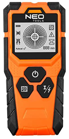 NEO TOOLS Detektor mit 3-in-1-Display, maximale Scantiefe: Eisenmetalle 100 mm, Nichteisenmetalle 80 mm, stromführende Drähte 50 mm, Holz 20 mm, Batterie 1 x 9V, IP 54, eingebautes akustisches Signal