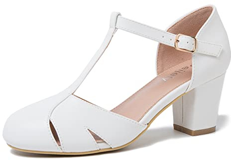Women's T-Strap Block Heel Pumps, Ankle Buckle Closure, Classic Cut Out Round Toe Dress Shoes Matte White 41 - US 9