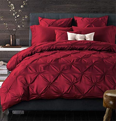 CAZARU Plissierte Seidenbettwäsche-Sets, King Queen-Size-Bettbezug-Set für Hochzeiten, Bettlaken, Kissenbezüge, Bettbezug, Bettwäsche,Rot,220 * 240CM