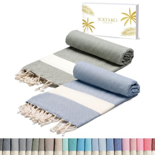 SOLTAKO Fouta Diamant Premium Hamamtuch 100x200 cm, 100% Baumwolle, schnelltrocknend & saugfähig, Strandtuch, Saunatuch, Badetuch, 2er Set Hellblau/Khaki