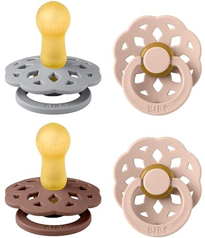 BIBS Boheme Schnuller, 6-18 Monate, 4er-Pack, Runder Sauger, Woodchuck Mix | Naturkautschuklatex | Größe 2 | BPA-frei | Hergestellt in Dänemark | Hohe Akzeptanz | Luftlöcher | Komfortschild