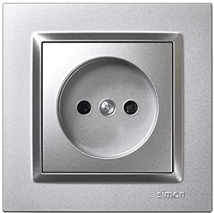 SIMON - Enchufe de Empotrar Schuko, Simon 10, 250V, 10 A, Enchufe de Pared Plano y Fino, Fácil de Instalar, Incluye Marco, Tapa y Mecanismo, Base de Enchufe Hembra Color Aluminio