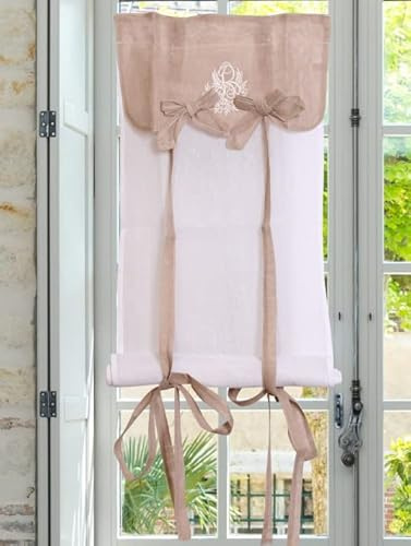 Autrefois Rideau Enrouleur et Brise bise, Lin brodé, Voilage Broderie, Style Charme, Petit Rideau Fin, Decoration pour fenetre de Cuisine, Salle de Bain, Salon, French Style, INES (Lin, 80 x 160 cm)