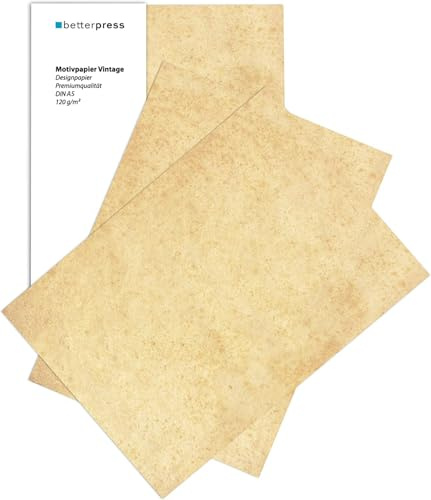 Betterpress® 60 Blatt DIN A5 120 g/m² Urkundenpapier bedruckbar Gastropapier Briefpapier Altes Vintage Papier Elefantenhaut Papier Speisekartenpapier beidseitig Schatzkarte Flaschenpost, Pergament