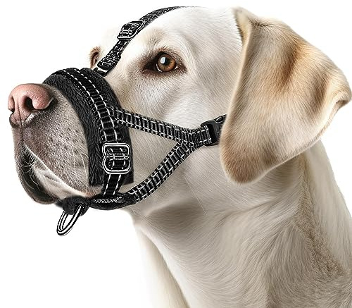 Eyein Maulkorb für Große Hunde, Verstellbarer Reflektierender Nylon Maulkorb für Hunde mit Verbindungsgurt, Hunde können hecheln und Trinken, Verhindert das Beißen, Bellen und Kauen (Schwarz, XL)