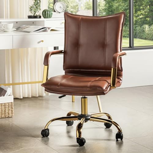 HULALA HOME Schreibtischstuhl aus Kunstleder, verstellbarer Drehstuhl mit goldenen Beinen und Armlehnen, bequemer gepolsterter Arbeitsstuhl, Braun