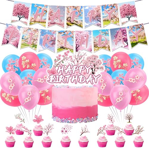 Kirschblüte Party Dekorationen Japanische Dekorationen Inklusive Kirschblüte HAPPY BIRTHDAY Banner Kuchen Cupcake Toppers Ballons für Kirschblüte Party Zubehör Hochzeit Brautdusche Baby Dusche