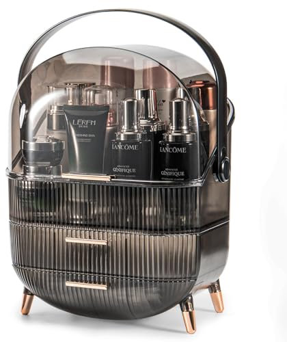 Makeup Organiser Storage Box, Cosmetics Display Case with Transparent Cover, Dust Proof Waterproof Cosmetics Storage Box Suitable for Bathroom Countertop and Bedroom Vanity Dresser (Retro Brown)