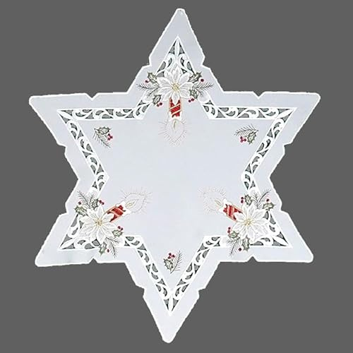 Raebel OHG Tischläufer Mitteldecke Deckchen Aufleger Stern Weihnachten Advent weiß Bestickt mit roten Kerzen und Zapfen im Cutworkstil (60 cm)