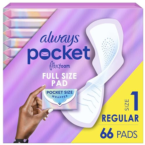 Always Pocket Feminine Pads with FlexFoam, Size 1, Regular, with Wings, Unscented, 66 Count (3 Packs of 22)
