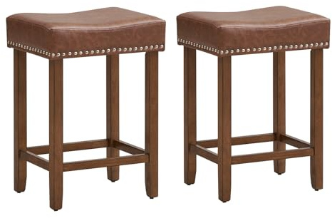 COSTWAY Bar Stools Set of 2, Solid Wood Saddle Stools with PU Padded Seat, Footrest & Anti-slip Pads, Upholstered Counter Height Breakfast Kitchen Stool for Home Pub (Brown, 44x33x60cm)