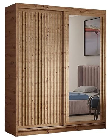 Margaret Hadas24 Kleiderschrank Dora mit Lamellen und Spiegel, Organizer, Mehrzweckschrank, Schwebetürenschrank, Garderobenschrank, Kleiderstange, Kleiderständer, Schrank, 120 cm, braun,