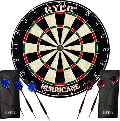 RYER Hurricane Sisal Dartboard – Offizielle Turniergröße 45 cm – Selbstheilendes Sisal & Drahtfreie Bullseye – Inkl. 6 Stahl-Darts, 2 Lederetuis & Flights