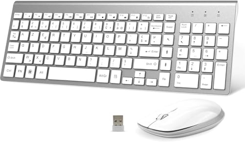 GALENMORO Clavier Souris sans Fil - AZERTY 2.4G Silent Compact Clavier de Souris Pleine Taille Ergonomique pour PC/Ordinateur/Laptop/TV/Windows (Blanc argenté)