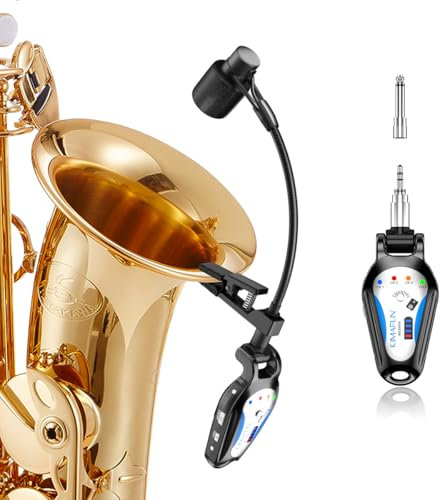 KIMAFUN 2.4G Kabelloses Saxophon Mikrofon, Drahtloses Ansteckbares Instrumentenmikrofon, Drahtloses Empfänger- und Sendersystem für Saxophon, Waldhorn, Trompete, Posaune, G120
