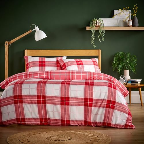 Olivia Rocco Super Soft Flannel Duvet Cover Set Quilt Bedding Covers with Pillowcases Luxurious Colourful Checked Printed Design Reversible Pattern for Comfort Sleep, Alba Red King
