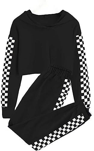 BOVOSHA Girls Clothes Set Kids Crop Top + Plaid Pants Outfits Tracksuit Hooded Sweatshirt Sweatpants 2 PC (Black, 5-6T)