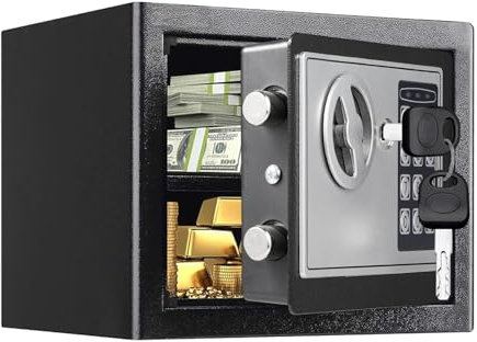 Safe Box, Electronic Safe Box with Keypad & Keys, Small Money safe Box for Home,Mini Safe for Kids, Electronic Security Money Safe for Cash,Lock Box with Code Keys,0.23 Cubic Feet Black