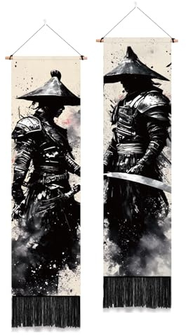 PLIGREAT 2 Packung Wandteppich Im Tintenstil Japanischer Samurai Vertikaler Wandbehang Mit Quasten Schwarzer Ästhetischer Wandteppich Für Schlafzimmer Wohnzimmer Schlafsaal Hintergrund Heimkunstdekor