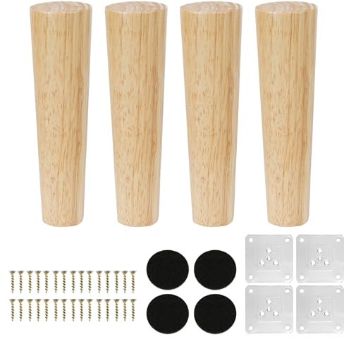KINDPMA 4 Stück 18cm Möbelfüße Holz Möbelbeine Eiche Konisch Beine für Möbel Tischbeine Kegel Schrankfüße mit Montageplatte, Schrauben, Holzfüße für Couch Schrank Bett Tisch Kommode Couchtisch
