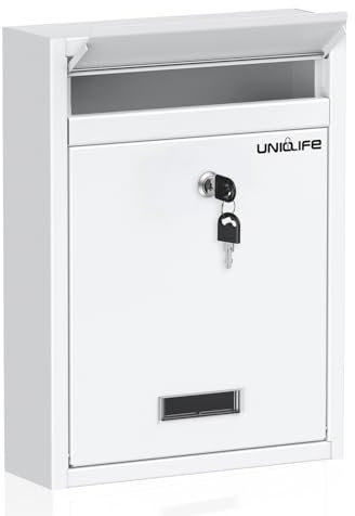 Uniclife Wall Mount Mailbox for Outside, Locking Mailbox, Large Security Mail Box for House, Safe Key Drop Box, Post Box, Steel Cash Drop Box for Home Office School, White