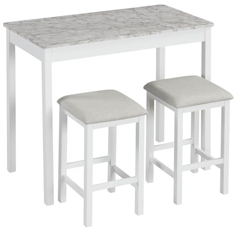 COSTWAY 3 Piece Dining Table Set, Faux Marble Bar Table and 2 Linen Fabric Padded Stools with Rubber Wood Legs, Space Saving Breakfast Kitchen Table Chairs Set for Home Pub