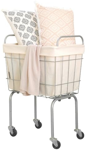 SHIMOYAMA Kleiner Wäschewagen, 38L, Kompakt Wäschekorb mit Rollen, 360° Rollender Wäschesammler mit Carbonstahl-Rahmen & abnehmbarem Baumwollbeutel für Waschküche (Cremeweiß)