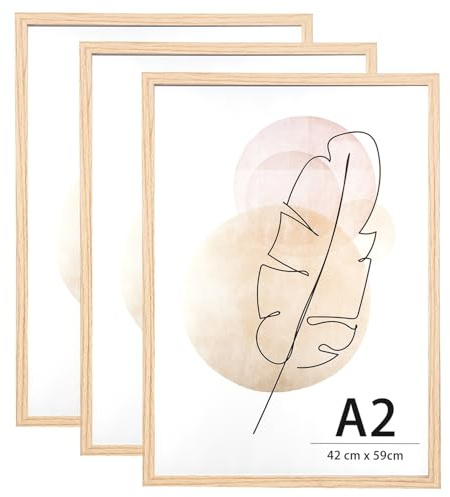 KAIWIN Bilderrahmen A2 Eiche Holz Fotorahmen 3 Stück Holzrrahmen Puzzlerahmen mit Acrylglas zum aufhängen Benutzt für Wohnzimmer, Schlafzimmer, Arbeitszimmer, für Poster und fotos