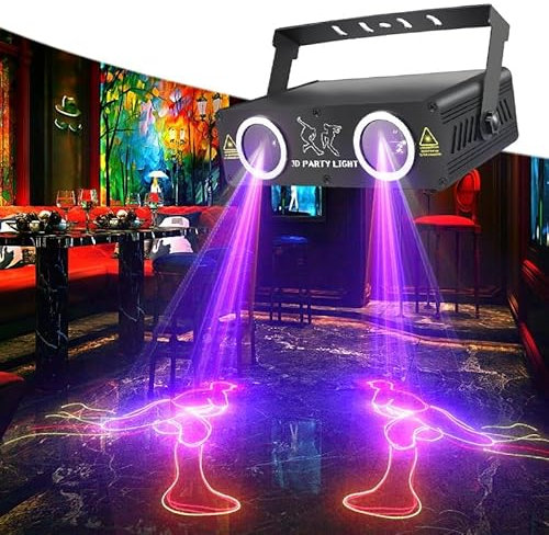 Luces láser for DJ for fiestas, luz de escenario activada por sonido musical DMX512, máquina for espectáculos de luces láser con cientos de animaciones 3D, proyector de escaneo de haz RGB for interior