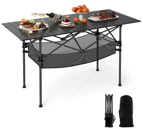 COSTWAY Aluminum Folding Camping Table, Roll Up Portable Picnic Table with Carrying Bag for 4-6 People, Steel Frame Fold up Dining Desk for Hiking Fishing BBQ (with Mesh Basket, Black)