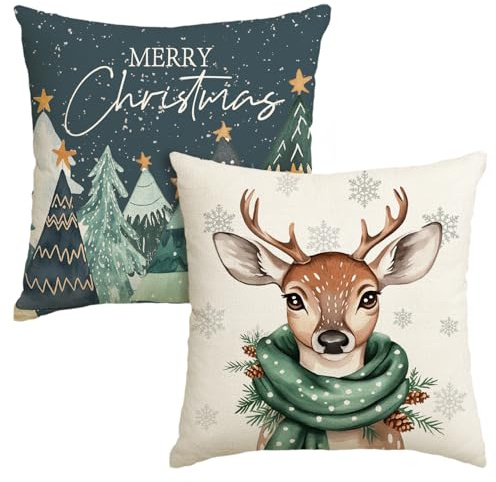 Artoid Mode Bäume Rentier Schneeflocken Frohe Weihnachten Kissenbezüge 2er Set, 50x50 cm Merry Christmas Zierkissenbezug Cushion Cover Couch Deko