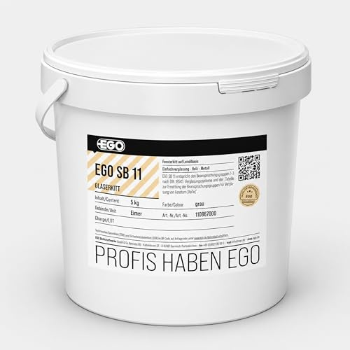 EGO SB 11 Mastic de fenêtre, gris, 25 kg, seau en métal, mastic d'étanchéité à base d'huile de lin, pour vitrage simple dans les cadres en bois et en métal, sans solvant et sans amiante