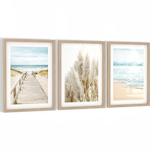 Novart Wandbilder Meer - mit Rahmen - Wohnzimmer Schlafzimmer Wanddeko - 3 Bilder Set Strand Blau Beige - N104835aR1