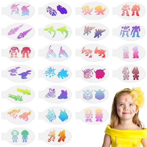 URAQT Tattoo Schablonen Kinder, 24 Blatt Wiederverwendbare Gesichtsfarbe Schablonen Kit, Tattoo Design Werkzeuge für Party Fasching, Karneval, Weihnachten Halloween Maskerade(Krieger)
