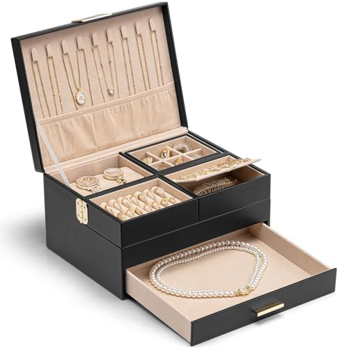 Vlando Schmuckkästchen Groß für Damen Schmuckaufbewahrung mit ausziehbarem Tablett Schmuck Organizer mit Schublade für Halsketten, Ringe, Armbänder,Ohrringe, Mütter und Mädchen, Schwarz