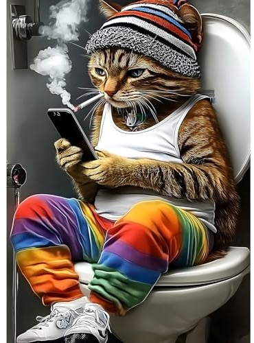 MXJSUA Katze auf Toilette Diamond Painting Erwachsene, 5D Diamant Painting Bilder Anfänger, DIY Runder Vollbohrer Diamanten Malerei Stickerei Kreuzstich Geschenke Home Wand Dekor 30x40cm