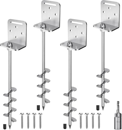 Insaga 24'' Ground Anchors Screw in Heavy Duty Earth Anchor 10mm Solid Steel with L Bracket for Trampoline Mobile Home Swing Set Shed Carport Tent Stakes, 2 Helix Blade & Chrome Plated Finish, 4Pcs