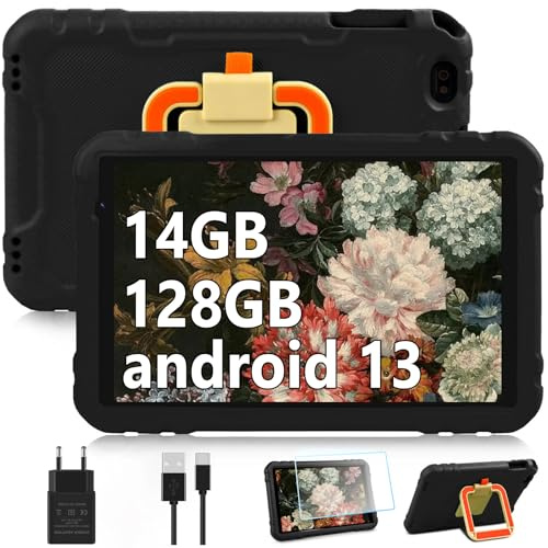fezawio Tableta Infantil de 10 Pulgadas, Tableta Android 13, 14gb Ram + 128GB ROM (512gb TF), Cámara Doble, 2.4G Wi - fi, Carcasa Protectora eva, Negra