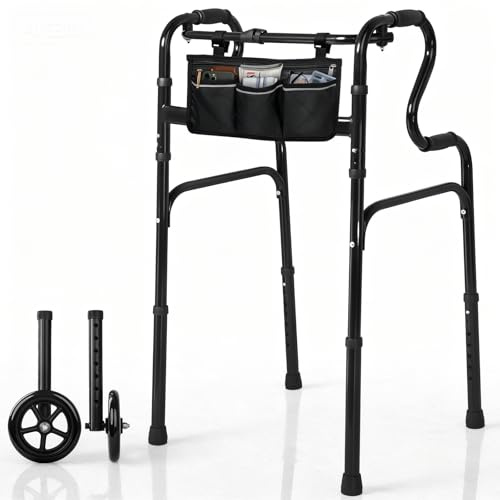 Schwarzer Gehbock für Senioren mit Aufstieghilfe, Faltbare Gehhilfe mit 6 Zoll (15cm) Kugellager-Rädern, 7-fach Höhenverstellbar (80-95cm), Gehrahmen mit Tasche, Fixierter & Flexibler Modus