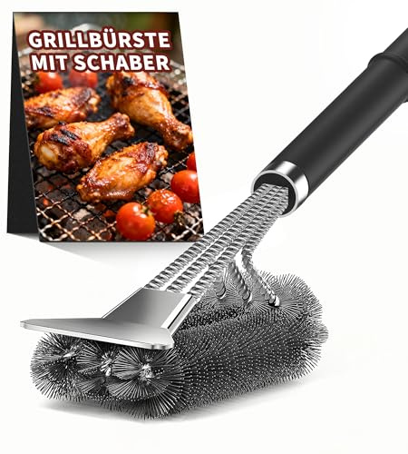 Grillbürste, Edelstahl Grillbürste mit Edelstahl Schaber – Extra Langer Holzgriff, für Gasgrill, Holzkohlegrill, Kugelgrill, Elektrogrill und Kamado Grill (Grillzubehör)