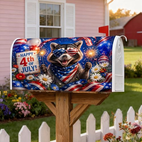 Raccoon - Coperture magnetiche per cassetta postale, motivo patriottico festivo, con palline di galleggiamento dell'aria del 4 luglio, per decorazione del portico anteriore, 53 x 64 cm