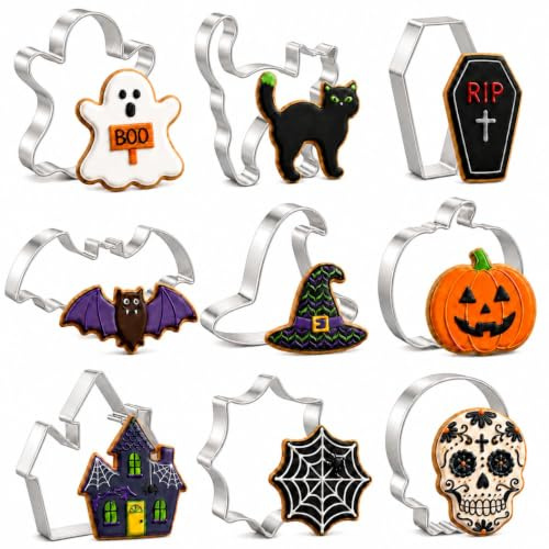 Halloween Ausstechformen, 9 Stück Edelstahl | Geist, Katze, Grabstein, Fledermaus, Hexenhut, Kürbis, Spukhaus, Spinnennetz und Totenkopf für Fondant und Teig